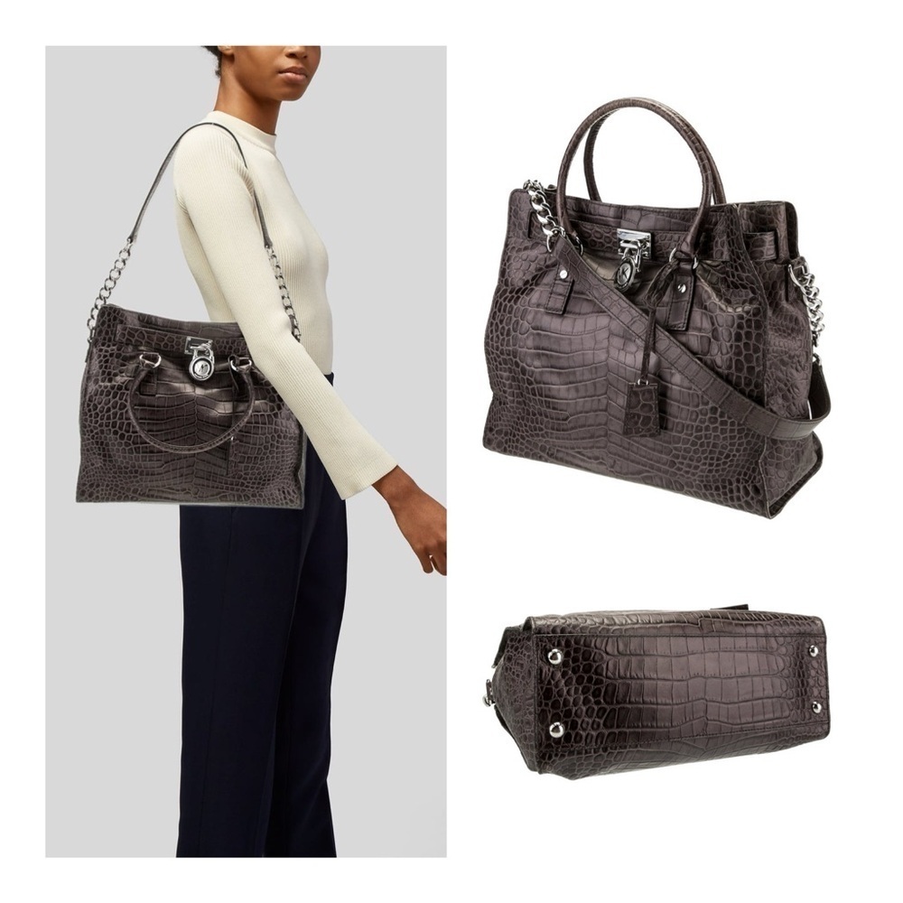 MICHAEL KORS Hamilton Taupe Gray Croc Embossed Satchel